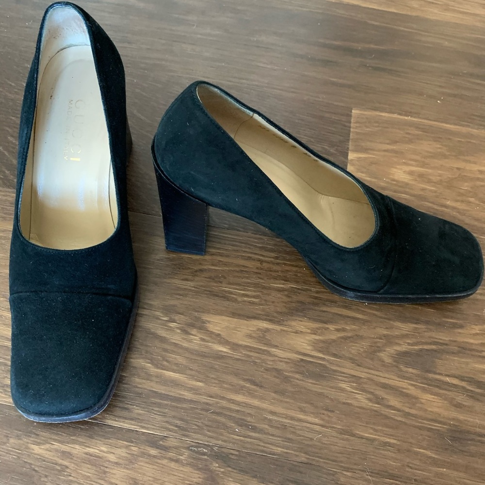 Gucci black suede block-heel square-toe pump 35.5